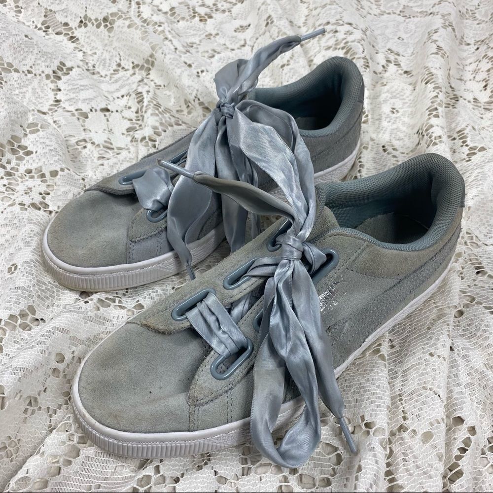 Puma Gray Suede Ribbon Trainers - Picture 2 of 6